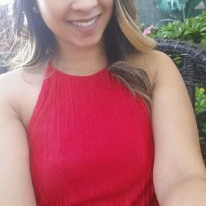 Red silk ruffled dress